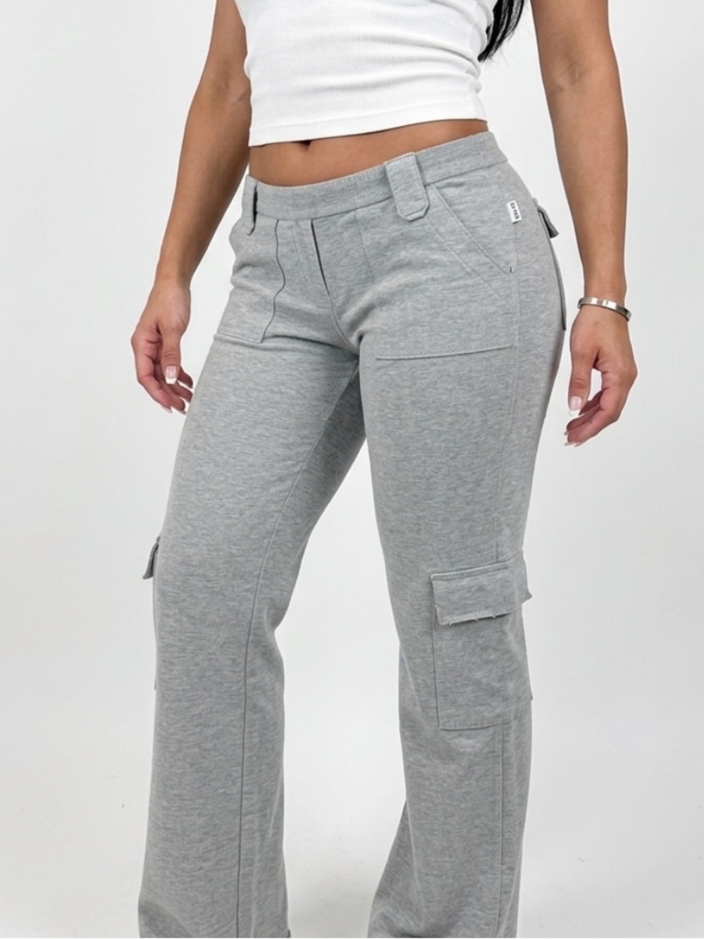 Bebe Sport Vintage 90s Y2K Grey Cargo Flare Sweatpants medium Euc - Picture 2 of 10